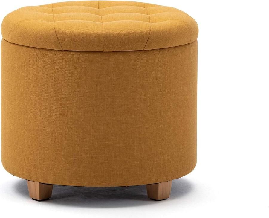 45 cm ronde linnen Ottomaanse opbergkruk met gewatteerde zitting voetenbank poef stoel met deksel (Geel)