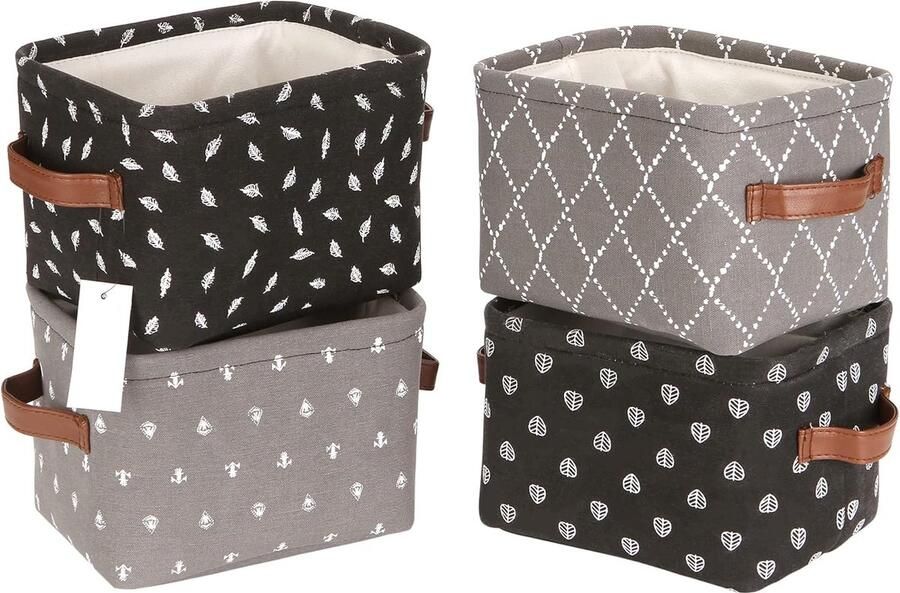 4L Mini Size Nursery Opbergmand Opvouwbare Vierkante Denim Stof Opbergdoos Container Organizer met PU Lederen Handgrepen voor Planken & Bureaus Set van 4 7 9 x 6 3 x 5 inch Zwart