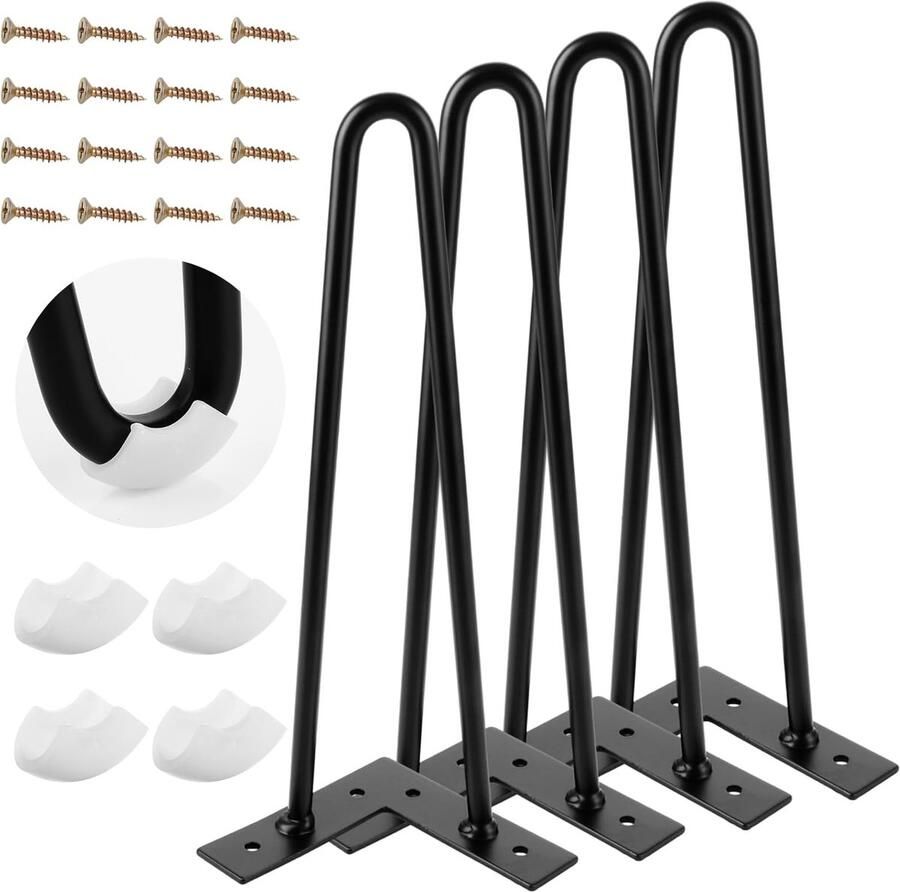 4pcs 30cm Haarspeld Tafelpoten Metalen Zwart Tafelpoten met Vloerbeschermers en Schroeven voor Sofa en Meubels
