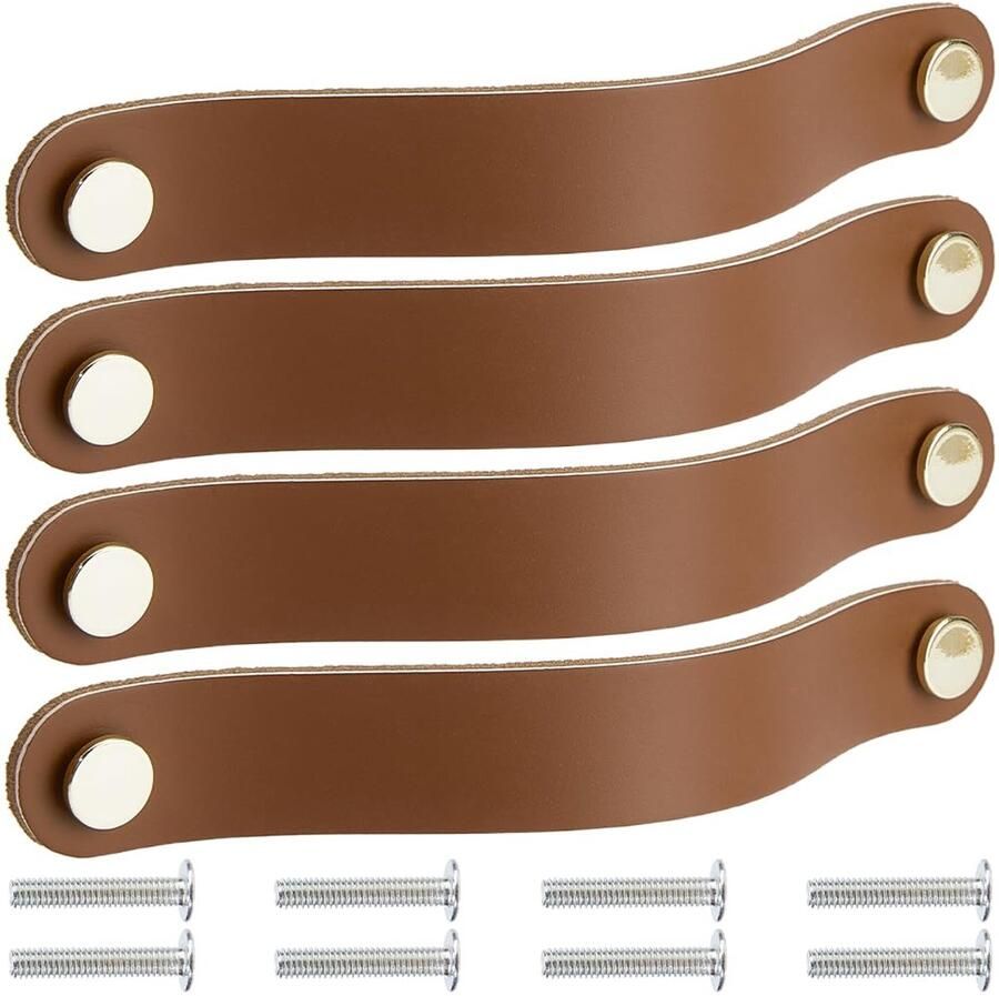 4Pcs 8 Inch Genuine Leather Cabinet Handles Handmade Soft Leather Hardware Dresser Decorative Handle Drawer Pulls Kitchen Wardrobe Door Knobs with Screw for Furniture Cabinets (Brown)
