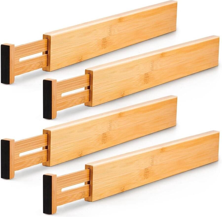 4pcs Bamboo Drawer Dividers Adjustable Spring Loaded Utensil Organizers for Kitchen Drawer Cutlery Tray Organisers for Clothing Bathroom Baby Tools