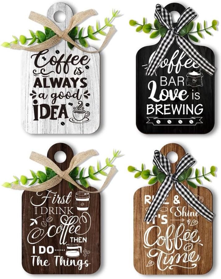 4pcs Coffee Sign Coffee Bar Decor Wooden Sign for Coffee Station Coffee Table Sign Rustic Style Mini Wooden Plaque for Coffee Wall Art Coffee Lover Home Kitchen Accessories 5.9 x