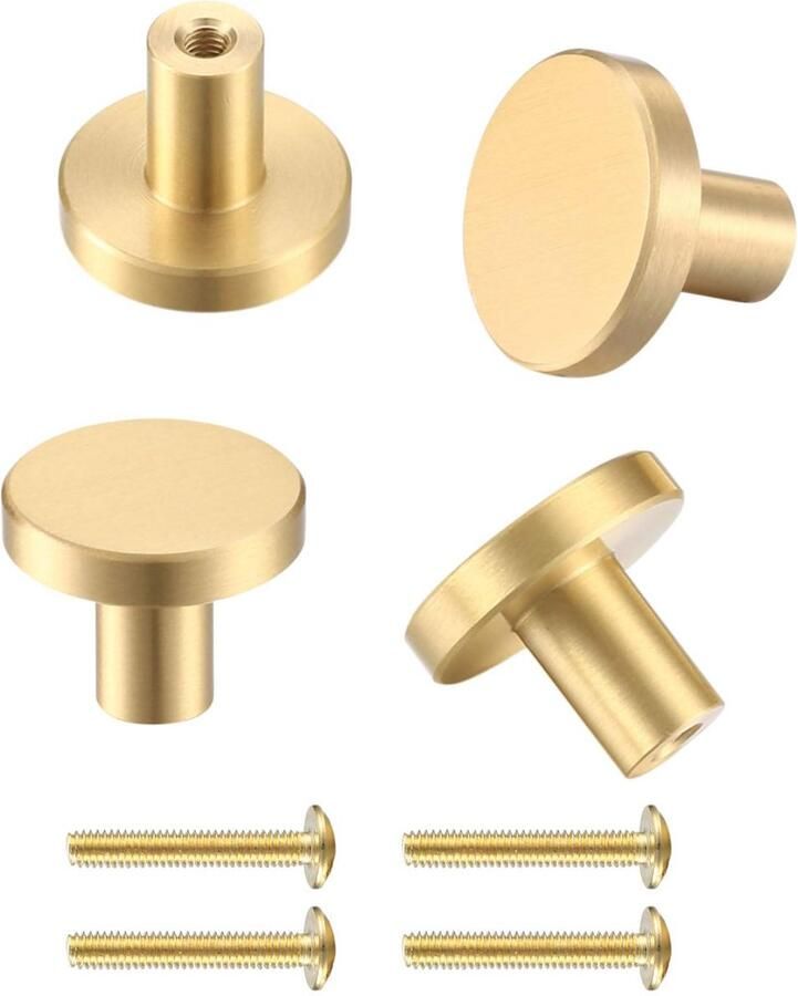 4Pcs Door Knobs and Handles Brass Round Cabinet Knobs Single Hole Cabinet Door Handles Small Pull Door Knobs with Screws for Drawer Wardrobe Cabinets Doors Decoration(Gold 20x25mm)