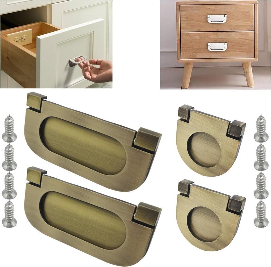 4PCS Flush Ring Pull Zinc Alloy Cabinet Drawer Drawstring Handle Invisible Door Knob 35mm & 75mm|for Cabinet Drawer Cupboard Wardrobe Accessories-with Screws (Bronze)