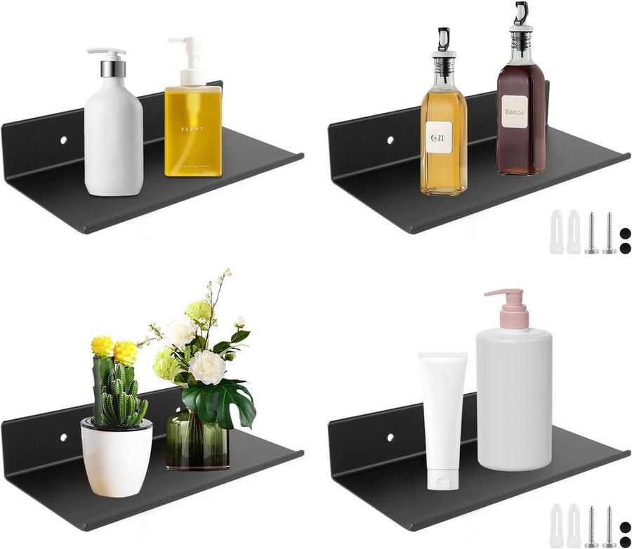 4pcs Wandplanken Zwarte Metaal 20x12x4cm Zwevende Boekenkast Thuisdecoratie Badkamerplank Wandplank Zwevende Planken met Gaten en Schroeven Keuken Plank