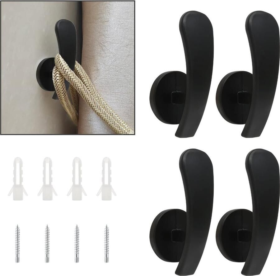 4stuks Gordijnhaken Kapstokhaak Gordijnklemmen Gordijnroedehouder Voor Gordijn of Kast roedehouder Decoratief voor slaapkamer Zwart Handdoekhaakjes Draperiehaken Perfect voor Ramen Deuren