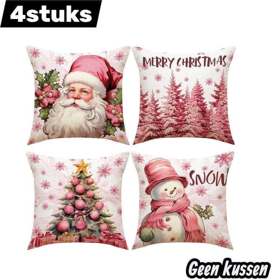 4stuks Kussenhoes Kerstmis 18 x 18 inch Kerstboomkussenhoes Kerst Wintervakantie Kussenhoes Perfect voor Bank Terras Slaapkamerdecoratie Feestdecoraties Roze