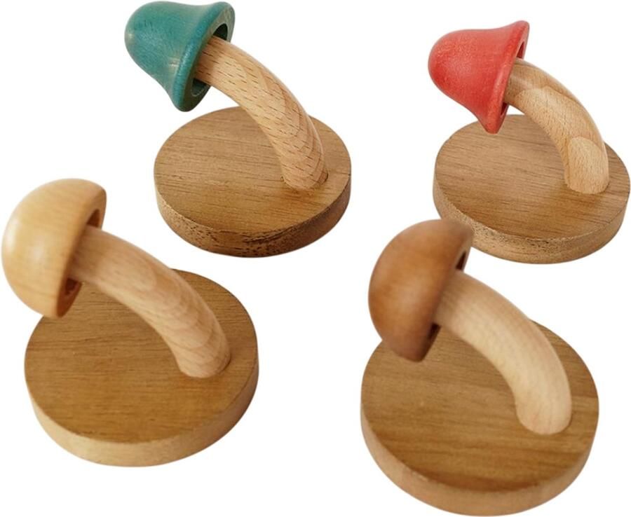 4x Houten Paddenstoel Kapstok Haakjes Wandkapstok Zelfklevende Haakjes