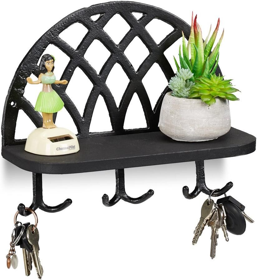 Relaxdays 4x sleutelrekje vintage sleutelrek zwart wandkapstok kapstok gietijzer