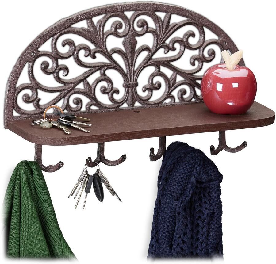 Relaxdays 4x wandkapstok sleutelrekje kapstok muur muurhaken met plank bruin