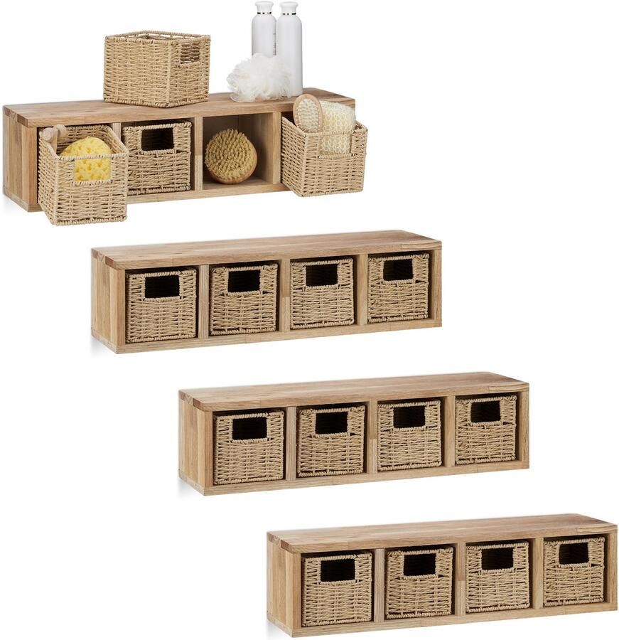 Relaxdays 4x wandrek walnoot hout met elk 4 mandjes keukenrek manden rek – vakken