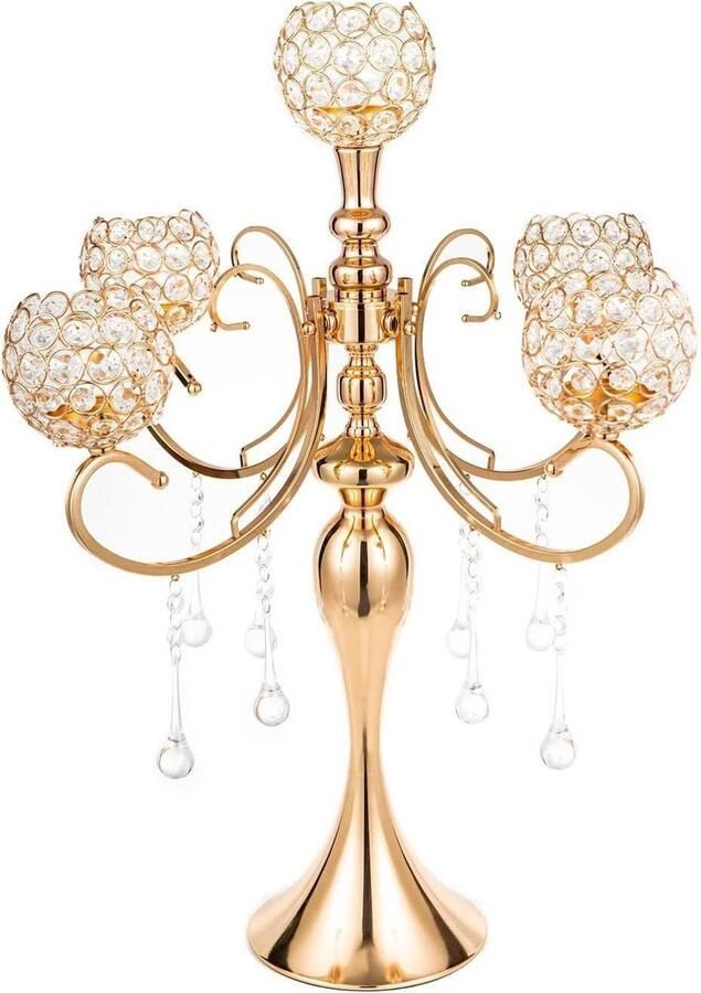 5-Arm Gouden Kristallen Kandelaar Luxe Tafel Decoratie 65Cm Hoog Elegant Ontwerp voor Huwelijksgeschenken