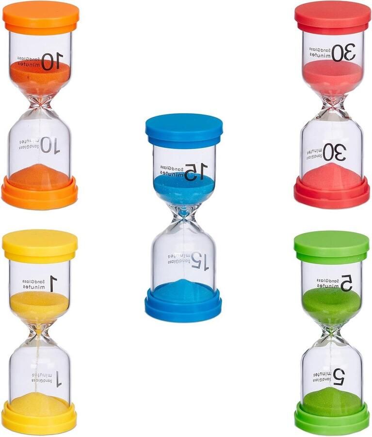 5-delig zandloper set 5 looptijden HxØ 11x45 cm bordspelletjes timer kunststof & glas kleuren