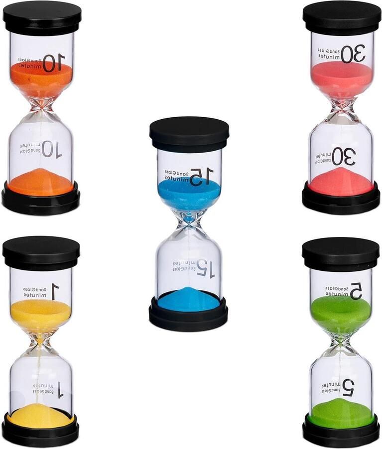 5-delig zandloper set 5 looptijden HxØ 11x45 cm bordspelletjes timer kunststof & glas kleuren