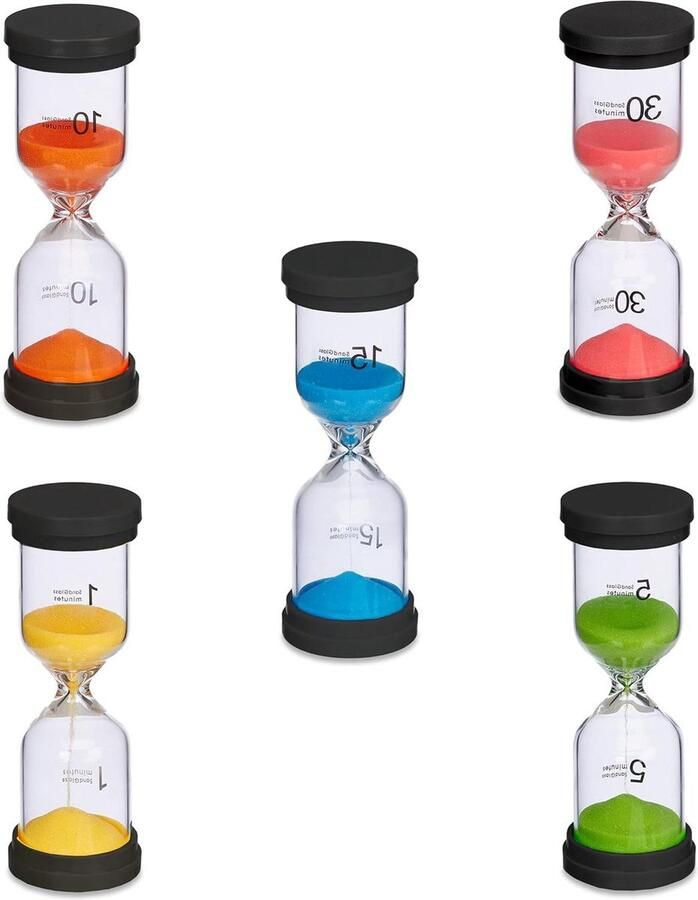 5-delig zandloper set theetimers 1 5 10 15 30 min H x Ø 16 x 55 cm douchetimers kinderen kleurrijk