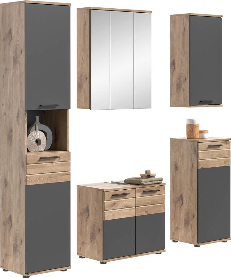 Rootz Living Rootz Badkamermeubelset Hoge Kast Wastafelkast Badkasten Tijdloos Design Houtmateriaal Basaltgrijs Replica Nox Eiken Replica 164cm x 34cm