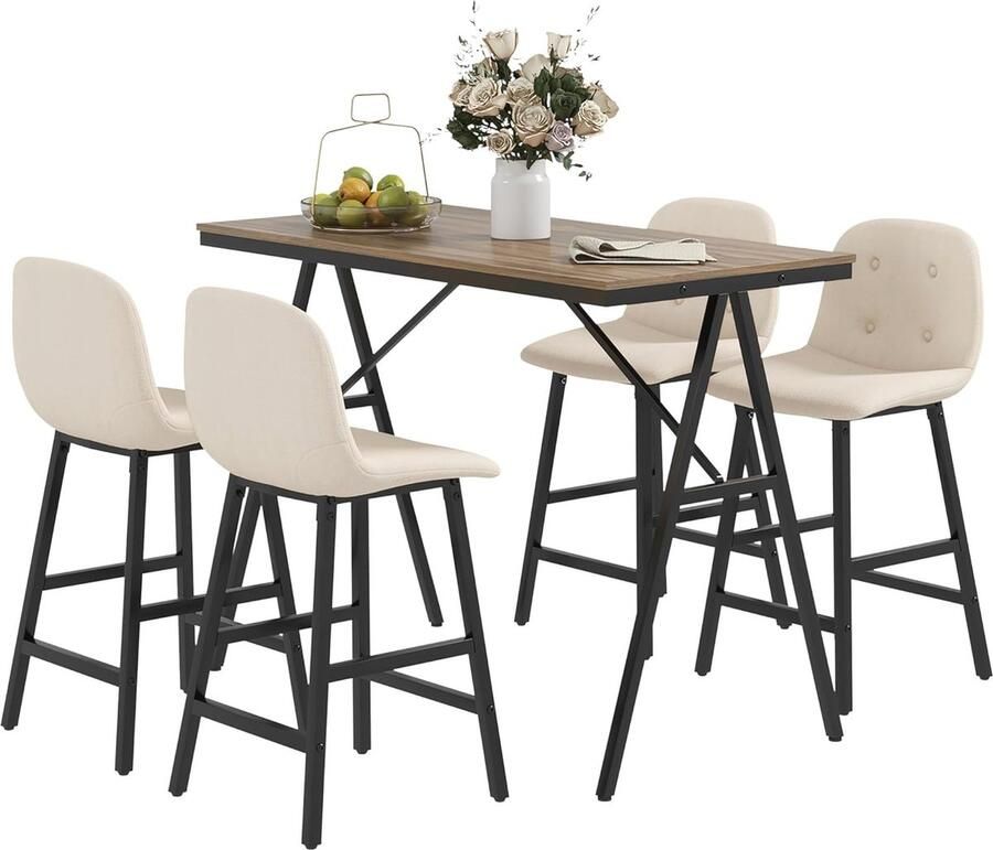 5-delige Bartafel met Barkrukken Set voor Keuken en Woonkamer – Bistrotafel met 4 Stoelen Modern Design in Beige en Staal 120 x 60 x 91 cm
