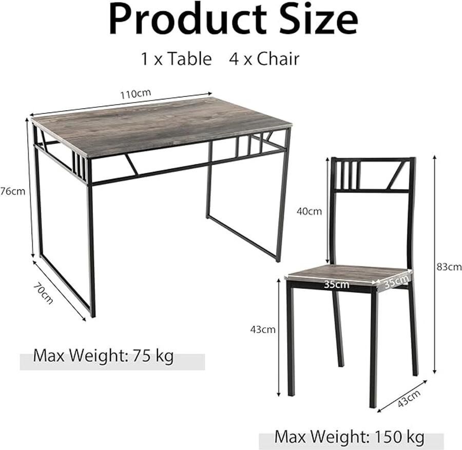 5-delige eetkamerset voor 4 personen – Inclusief tafel en 4 stoelen met rugleuning metalen frame en houten zitting