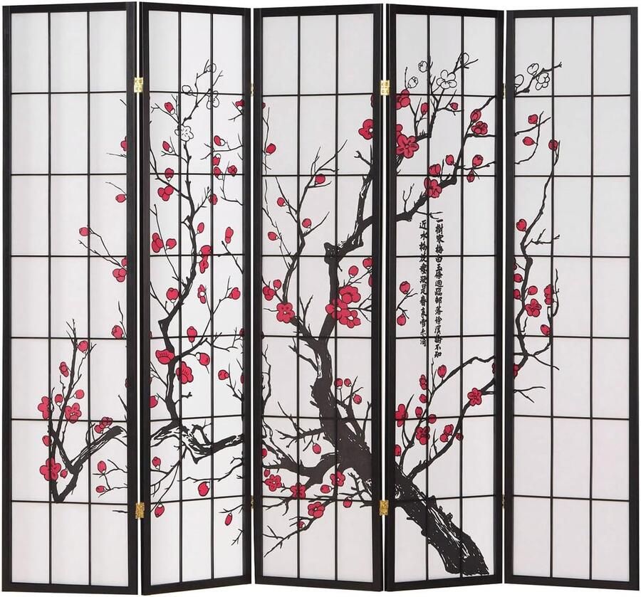5-delige Kamerscherm Ruimteverdeler met Rijstpapier en Kersenbloesempatroon Zwart Hout