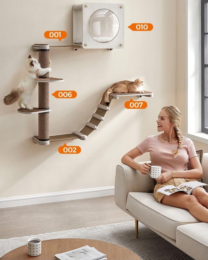 Rootz Living Rootz 5-delige kattenmeubelset krabpaal kattenappartement spaanplaat vilt katoenlinnen stof dennenhout PET-kunststof 140 5 cm x 142 9 cm x 73 5 cm