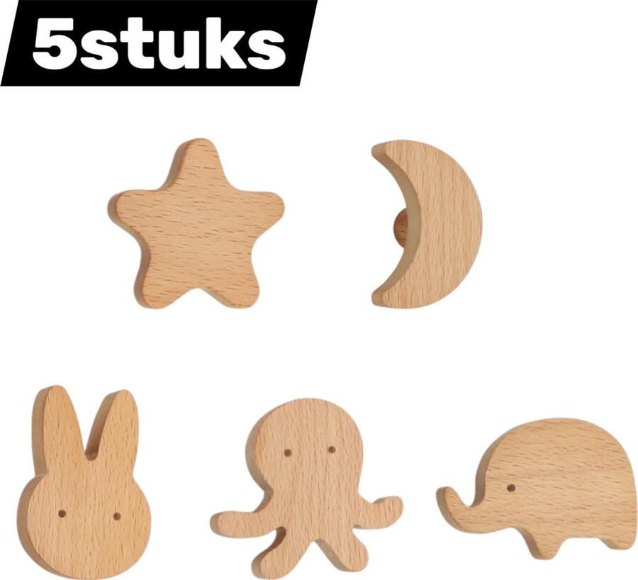 5-delige massief houten haak walnotenhouten kapstokhaak spijkervrije lijm geschikt voor wand entree beukenhout opberghaak voor thuis (ster maan konijn octopus olifant)