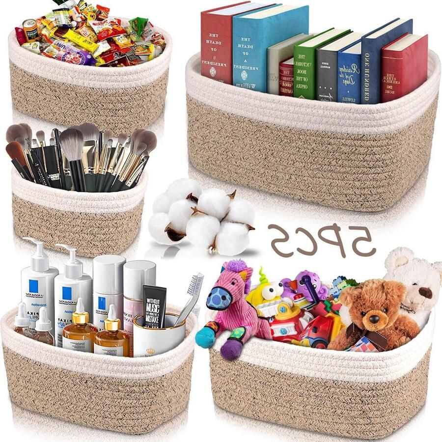 5-delige opbergmanden van katoenen touw set voor organisatie en opslag in slaapkamer badkamer keuken kast en speelgoed makeup