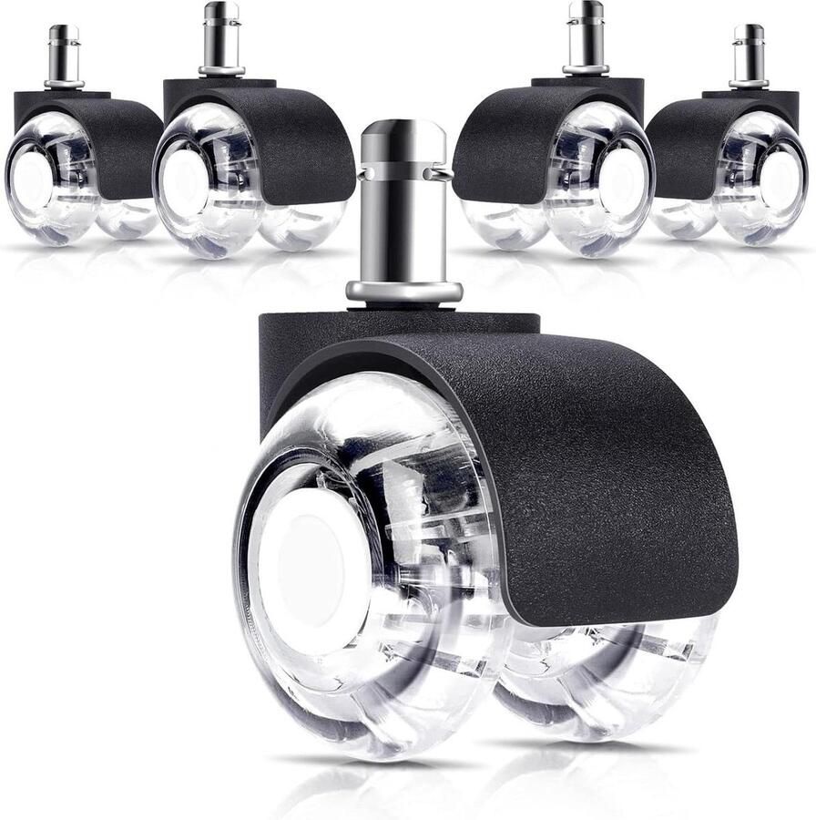 5-delige set bureaustoelwielen harde vloeren 11 mm x 22 mm dubbel wieldesign 100% ruisvrij zwart parket tapijt laminaat tegels