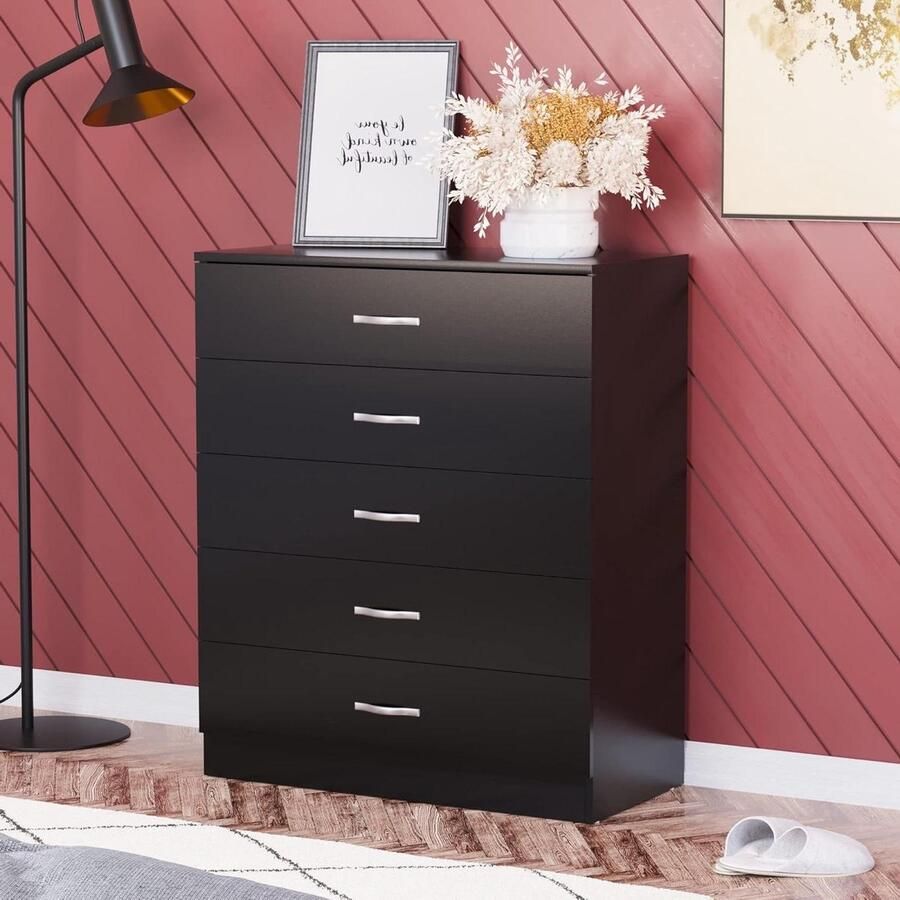 5-drawer black chest of drawers with metal handles guides and anti-sag holder