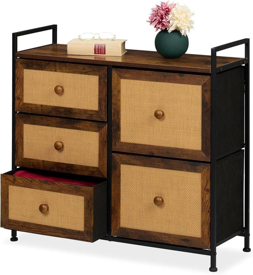 5 Drawer Rattan Look Chest of Drawers for Bedroom and Hallway HBD 77 x 85 x 31.5 cm Metal Brown-Black