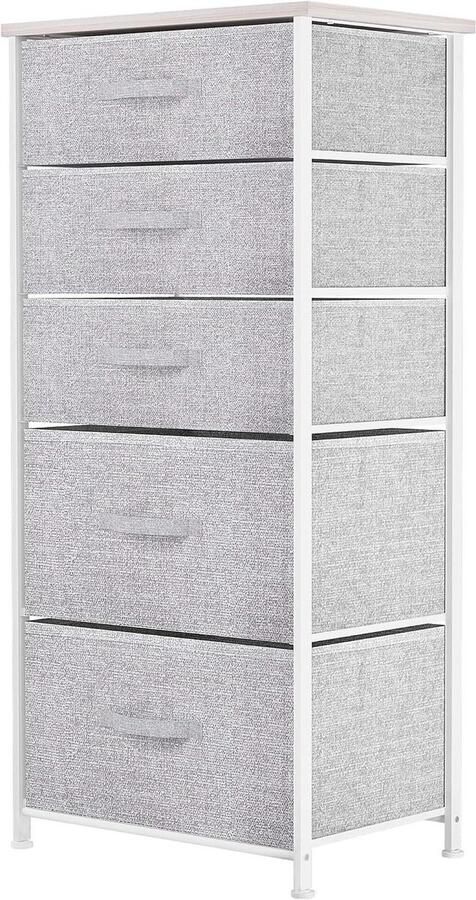 5 Drawer Storage Organizer for Bedroom Living Room Closet Sturdy Steel Frame Easy Pull Fabric Bins and Wooden Top Light Grey