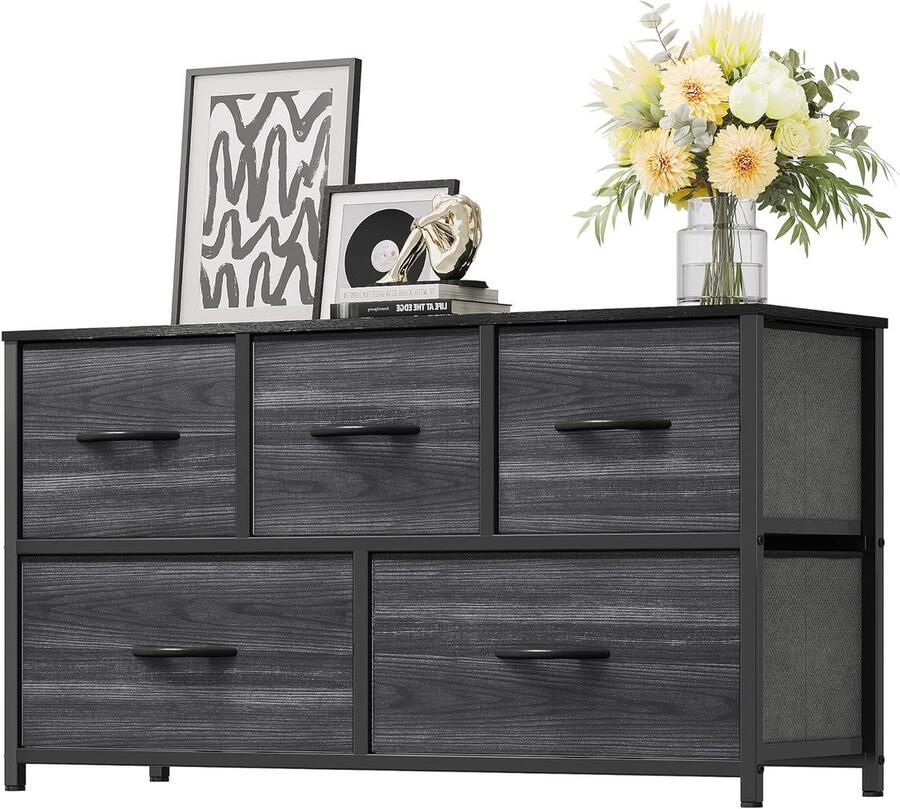 5-Drawer Storage Unit with Steel Frame and Wooden Top Fabric Dresser for Bedroom Living Room Kids Room Black Wood Grain