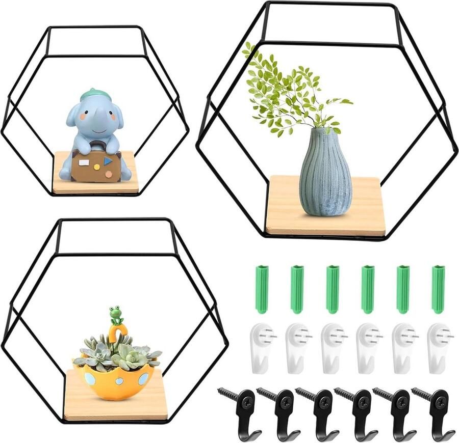 Drijvende planken zeshoekige metaal set van 3 moderne geometrische displayplanken zwarte wandplanken woonkamer slaapkamer decoratie plank ornamenten