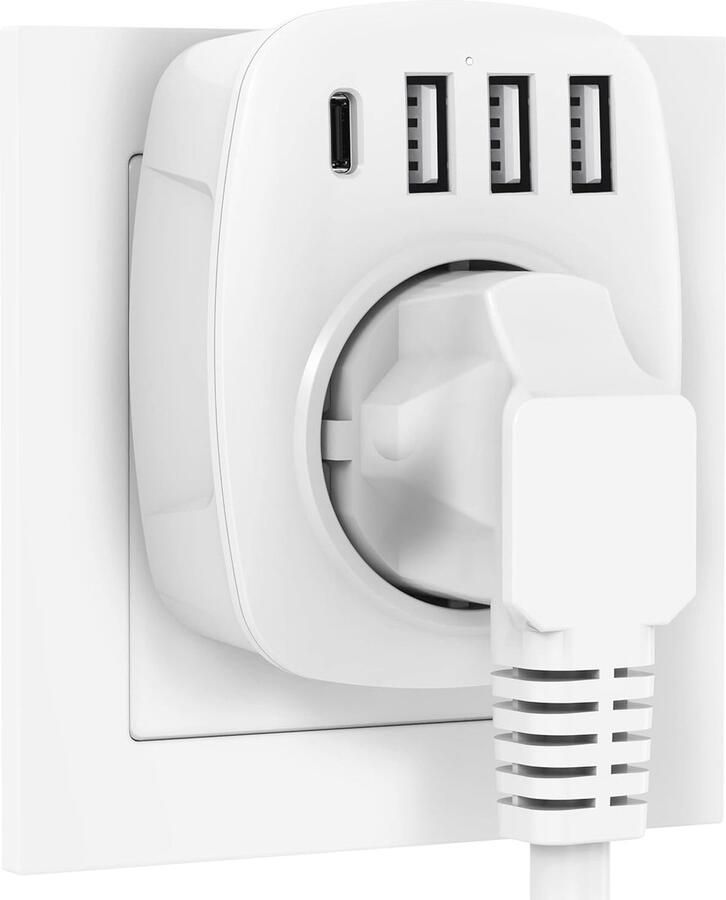 5-in-1 USB-stopcontact met 3 USB-aansluitingen en 1 type C-poort Wandstekkeradapter voor opladen van apparaten