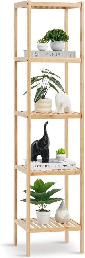 5-laags Badkamer Staande Rek Smal Rek Opslag Rek Organizer Vrijstaande Plantenstandaard Multifunctioneel Bamboe Rek voor Badkamer Keuken Thuis Natuurlijke Afwerking