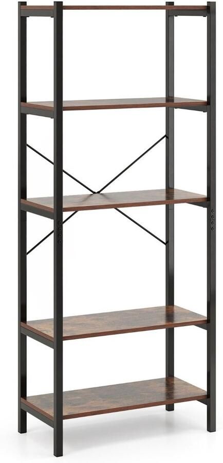 5-laags Boekenkast 161 cm – Vrijstaand Rek met Metalen Frame en Dubbele Anti-Tipkits Rustiek Bruin Zwart