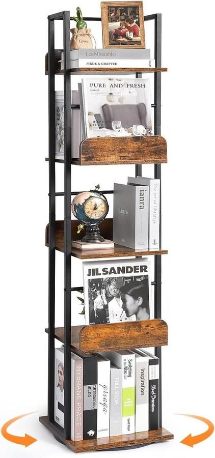 5-laags boekenkast draaibare boekenkast voor de hoek draaibare boekenkast grote industriële boekenkast smalle boekenkast hout en metaal zwart