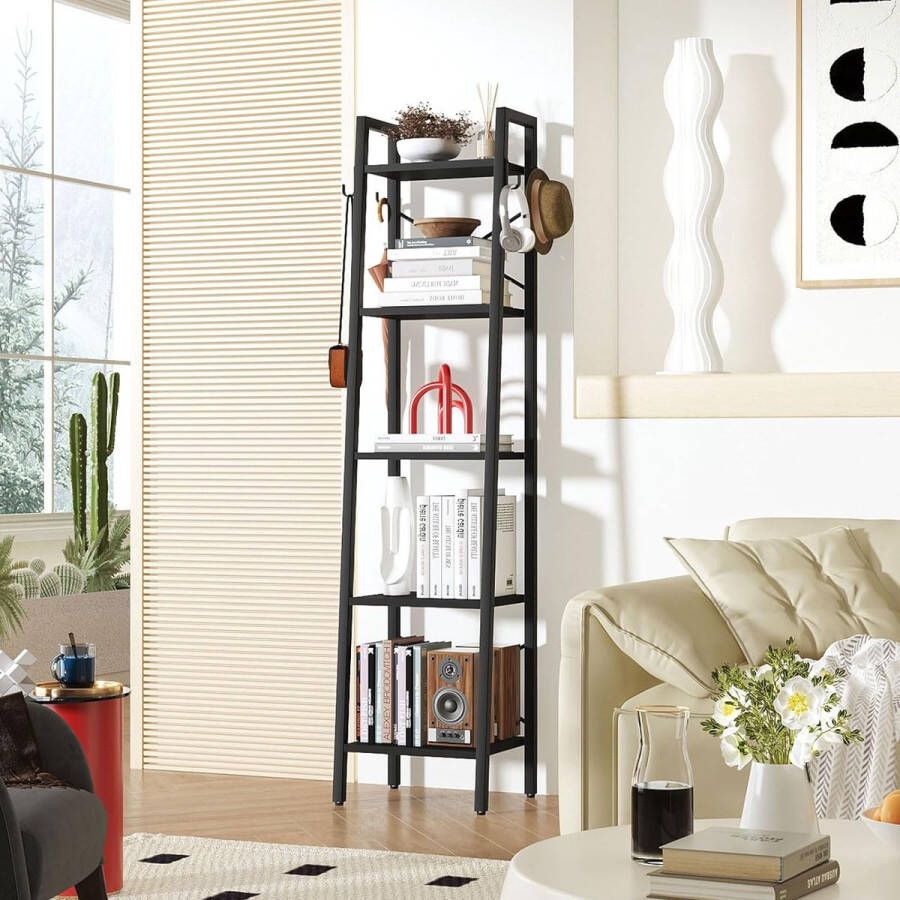 5-laags boekenkast opbergplank DIY houten staande plank met stevig X metalen frame industriële stijl voor keuken woonkamer kantoor balkon zwart