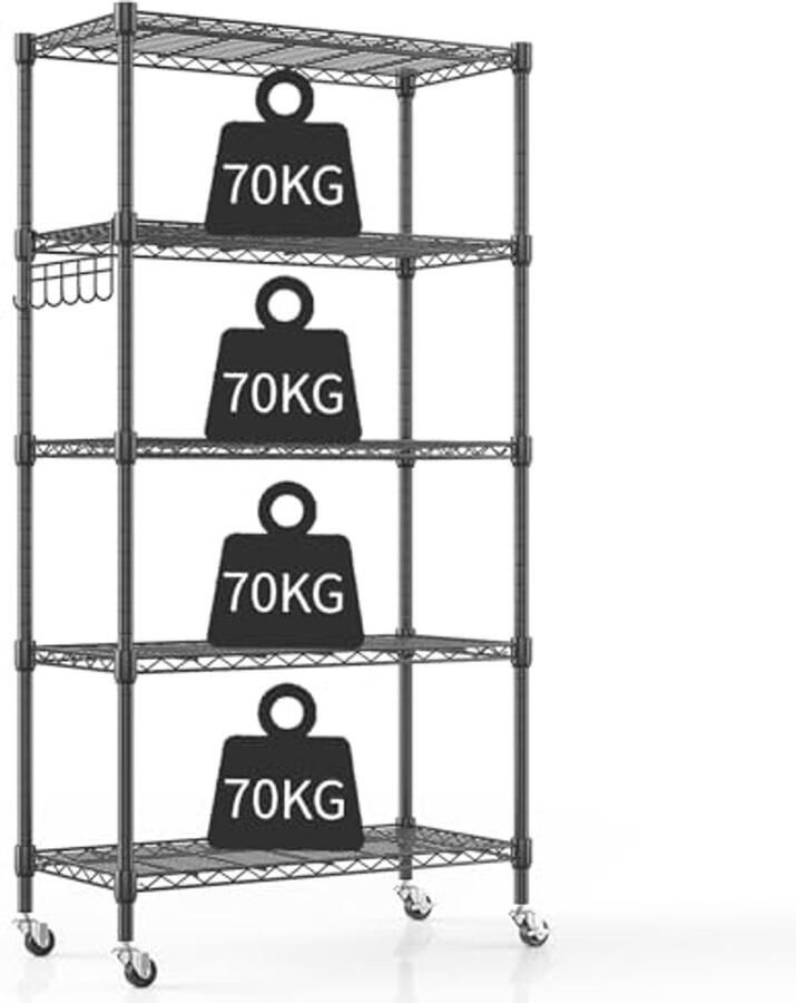 5-Laags Draadrek met Wielen Verstelbaar Metalen Opbergrek voor Keuken Badkamer en Meer 76 x 35 x 158 cm Zwart