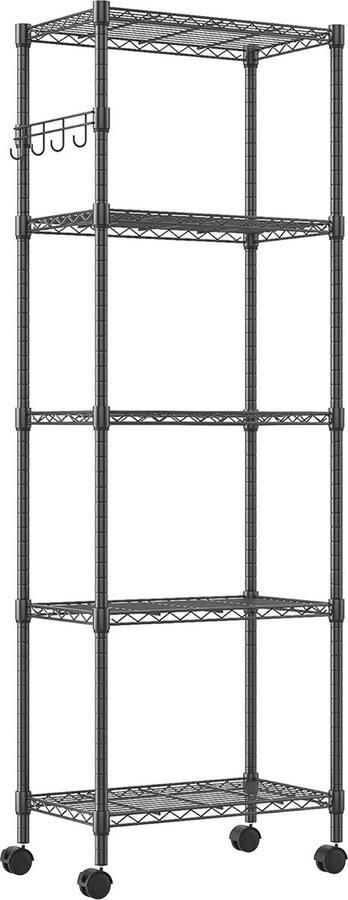 5-laags draadrek op wielen metaal zwaar uitgevoerd in hoogte verstelbaar 59 cm breed x 35 cm diep x 183 cm hoog zwart