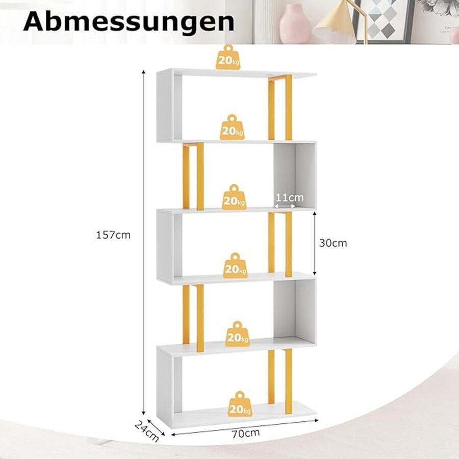5-laags geometrische boekenkast – S -vormig ontwerp 157 cm hoog metalen frame – Wit