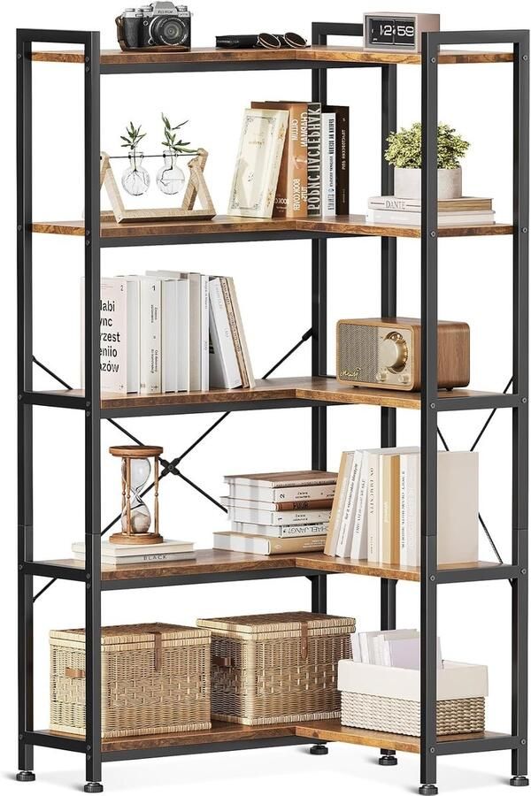 “5-Lags Hoekboekenkast – L-vormige Boekenkast met 5 Planken Hoge Opslagdisplaykast voor Woonkamer Thuiskantoor Slaapkamer Bruin 72 8x65 3x145 5 cm”