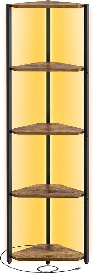 5-laags hoekplank boekenkast met verstelbare LED-verlichting plank met stalen frame 24 8 x 48 x 146 6 cm voor woonkamer slaapkamer studeerkamer vintage bruin
