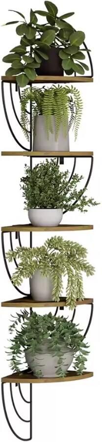 [5-Laags] Industrieel Hoekrek Zwevende Wandplank met Metalen Frame & Rustiek Hout Ruimtebesparend & Decoratief Zwart Bruin