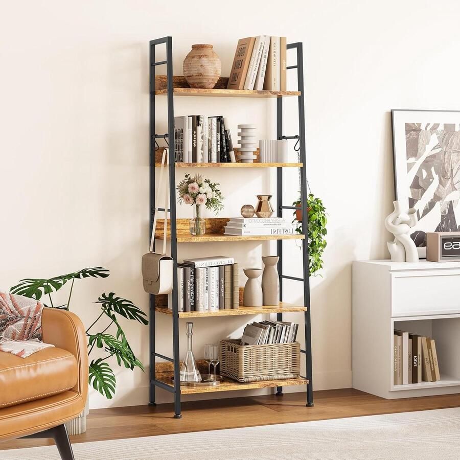 5-laags Industriële Boekenkast met Haken Vrijstaande Ladderplank Stalen Frame Woonkamer Slaapkamer Thuiskantoor Rustiek Bruin