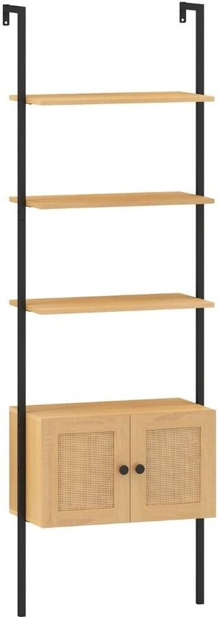 5-laags ladderboekenkast met rotan kast – 184 cm wandplank met metalen frame Boho stijl – Natuurlijk