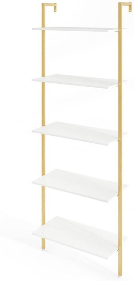 5-laags ladderplank boekenkast – Wandgemonteerd metalen frame met verstelbare voetjes grote open planken – Wit