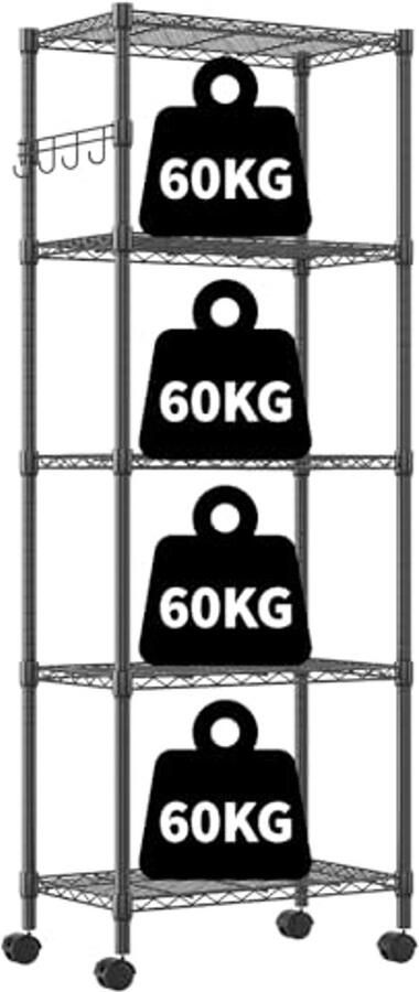 5-laags Metaal Rek met Wielen Verstelbaar Draadrek voor Keuken Garage en Badkamer
