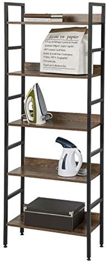 5-Laags Opbergplanken Ladder Boekenkast Vintage Industrieel Design met Zwart Metalen Frame en Walnoot Houten Planken 60x27 5x160CM