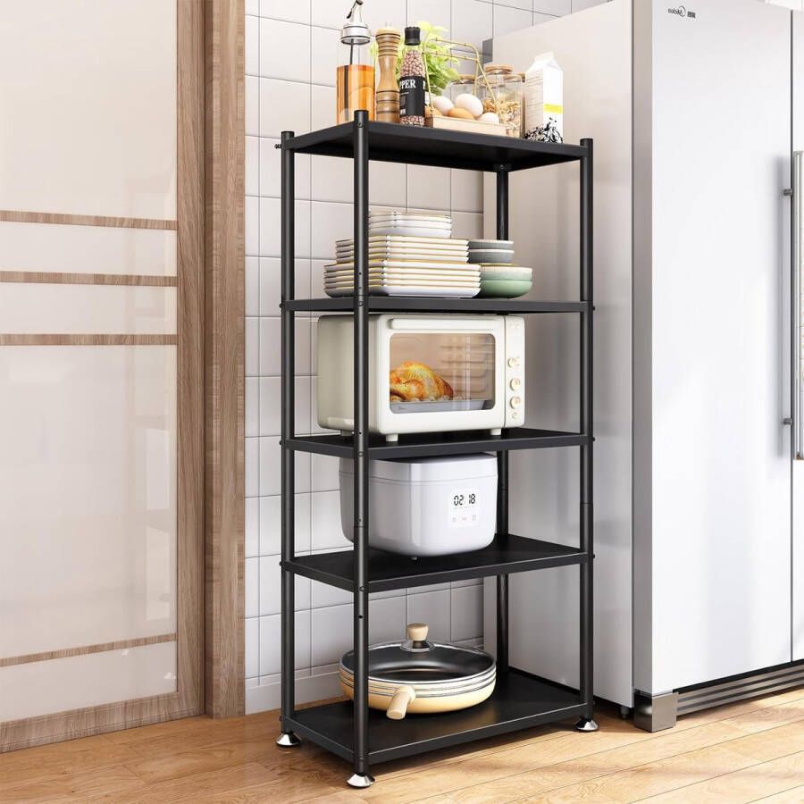 5-laags plank met wielen 61 cm x 30 cm x 145 cm in hoogte verstelbare staande plank op wielen zware voorraadkast op wielen zwarte metalen plank voor badkamer keuken zwart