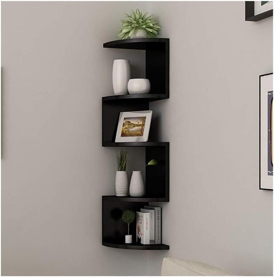 5-laags rechthoekige klassieke radiale hoekwandplank voor boekenkast opslag zwart